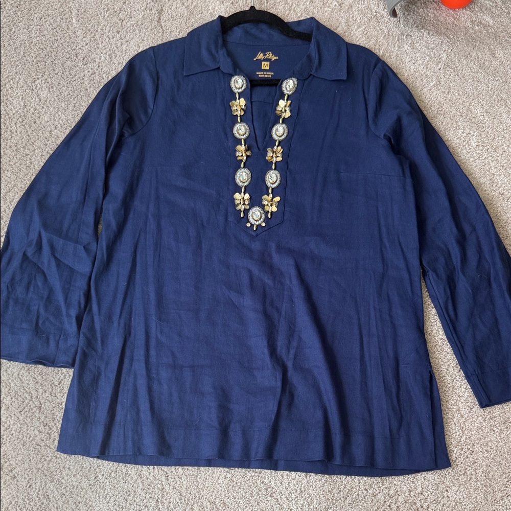 Lilly Pulitzer Simona beaded tunic in navy, size M.